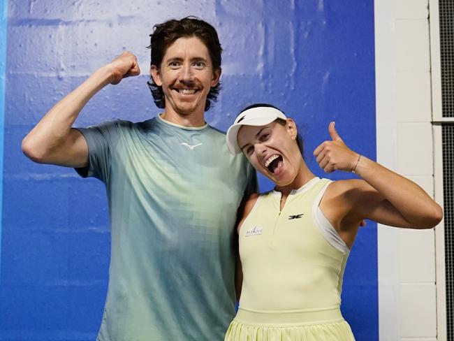 January 22: Kimberly Birrell and John-Patrick Smith of Australia after winning their Mixed Doubles Semifinal, behind the scenes at the Australian Open at Melbourne Park on Wednesday, January 22, 2025. Photo by TENNIS AUSTRALIA/ SCOTT BARBOUR