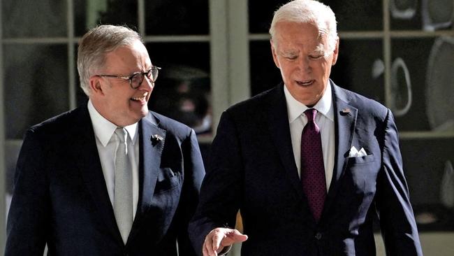 WASHINGTON, UNITED STATES - NCA NewsWire Photos - 25 OCTOBER, 2023:  President Joe Biden and AustraliaÃÂ¢Ãâ¬Ãâ¢s Prime Minister Anthony Albanese walk along the White House Colonnade toward the Oval Office for a meeting at the White House, on October 25, 2023, in Washington. Picture: NCA NewsWire / POOL / Evan Vucci / AFP