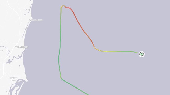 The course trajectory of the MBA Giovanni as seen on marinetraffic.com. Why the 93,000 tonne cargo ship was headed toward Valla Beach is unknown. The ship was later listed as 'Not under command' for several hours as it sat off the coast of Urunga.