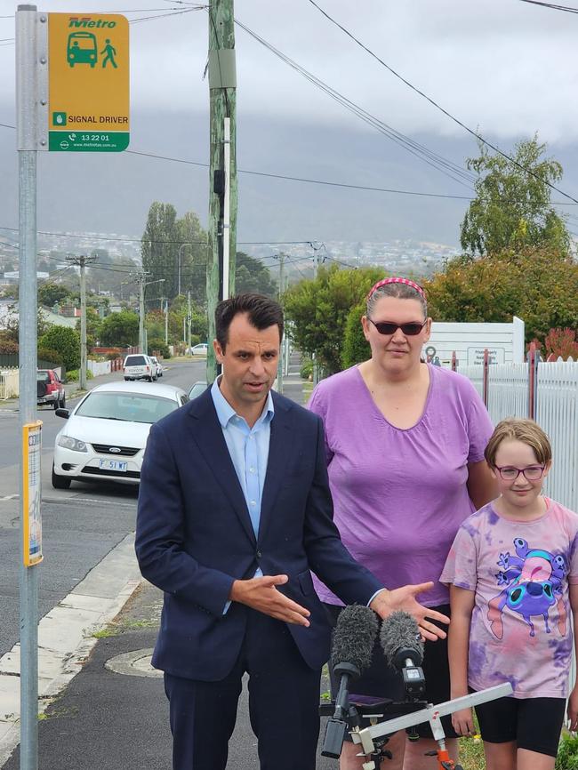 Labor MLC Josh Willie with Samantha Mallinson and daughter, Tara, who are concerned about Metro bus cancellations. Picture: Supplied