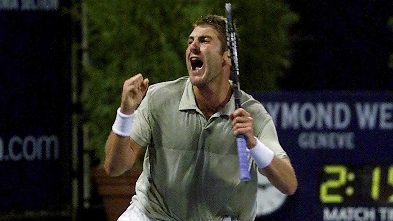 Justin Gimelstob celebrates a win over Australia’s Mark Philippoussis in 2000. Picture: AP Photo