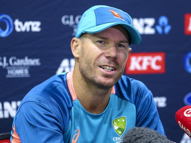 WELLINGTON, NEW ZEALAND - FEBRUARY 19: David Warner of Australia speaks to media during an Australia training session ahead of the Men's T20 International series between New Zealand and Australia at Basin Reserve on February 19, 2024 in Wellington, New Zealand. (Photo by Hagen Hopkins/Getty Images)