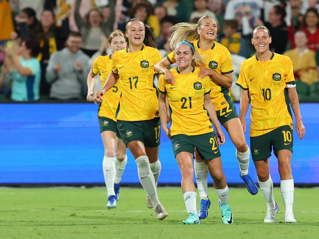 The Matildas celebrate an Ellie Carpenter goal against Iran. Picture: James Worsfold/Getty Images