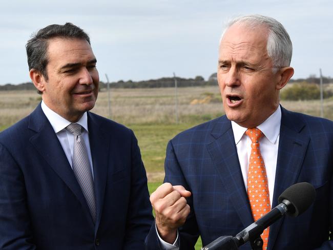 Premier Steven Marshall and Prime Minister Malcolm Turnbull speaking to the media at Kingscote Airport on Kangaroo Island. AAP Image/David Mariuz