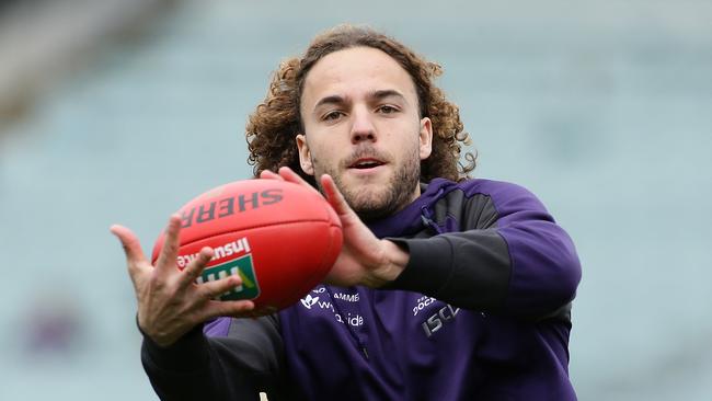 Fremantle defender Griffin Logue scored 93 in his first game of the year on Saturday. Picture: Will Russell/AFL Media/Getty Images.