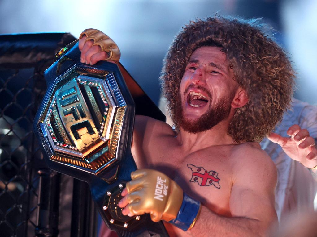 Merab Dvalishvili poses with the bantamweight title belt after defeating Sean O’Malley at UFC 306. Picture: Getty Images via AFP