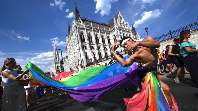 People take part in the LGBTIQA+ Pride Parade in Budapest in 2022. Picture: AFP