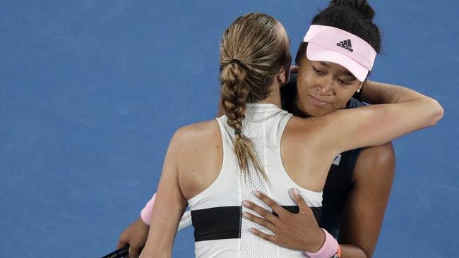 Naomi Osaka and Petra Kvitov embrace after the match. Picture: AP Photo