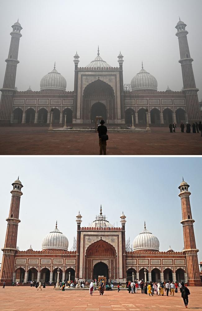 This combination of pictures shows Jama Masjid engulfed in thick smog, in the old quarters of Delhi on November 18. Picture: Sajjad Hussain/AFP