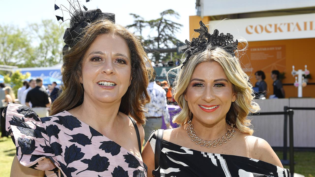 Caulfield Guineas horse race meeting, Caulfield, Victoria, Saturday 12th October 2024. Faces in the crowd. Pictured enjoying the race meeting are Suzie and Candice. Picture: Andrew Batsch