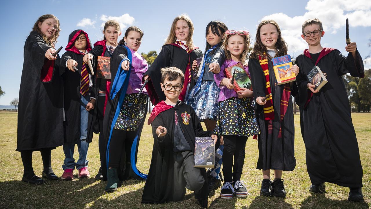 Harry Potter characters (from left) Brooklyn Frappell and Rahn Cramond of Greenmount State School, Katherine James, Marley Hughes, Chloe Stace, Shaneil Escalona, Olive Newman, Matilda Skillington, Mitchell Wilson and (front) Blake Newman of St Francis de Sales School. Picture: Kevin Farmer