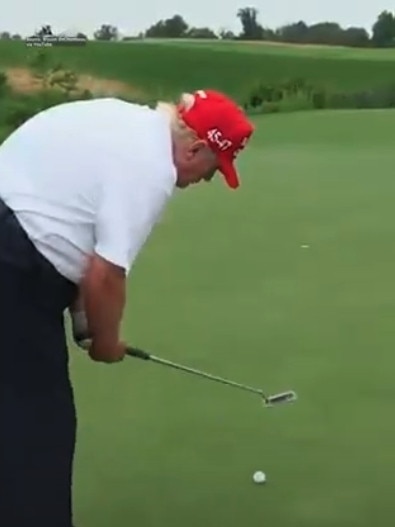 At one point in the video after hitting a tee shot onto the green on a par 3, Mr Trump mocked President Joe Biden. Picture: YouTube