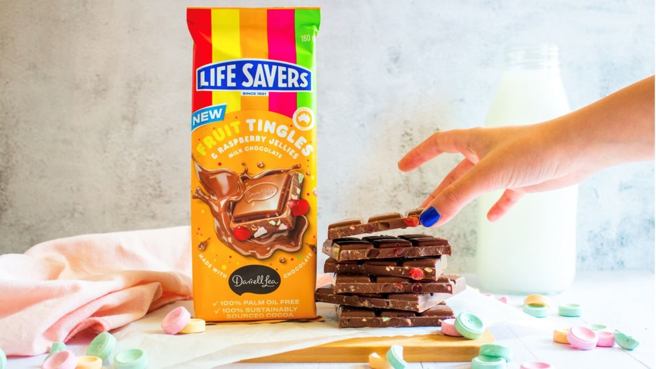 Life Savers has reinvented its classic Fruit Tingles with the new Life Savers Fruit Tingles &amp; Raspberry Jellies Milk Chocolate Block. Picture: Supplied