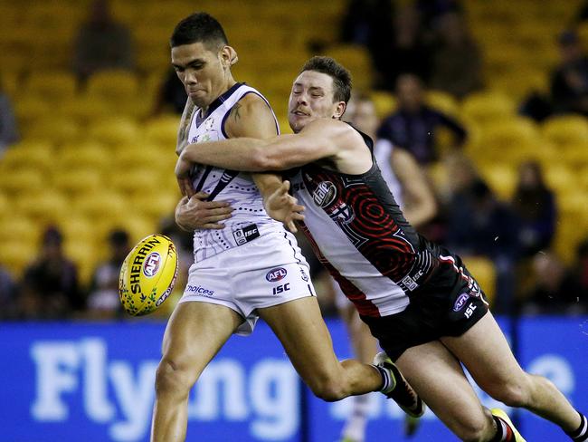 St Kilda tackled like maniacs against Fremantle earlier in the season but their Saints have been mixing their form. Picture: Colleen Petch