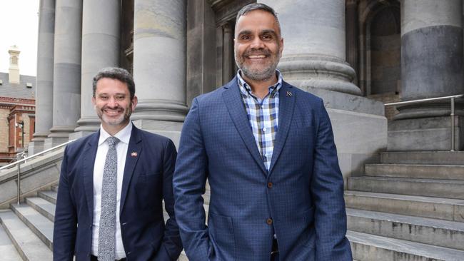 Aboriginal Affairs Minister Kyam Maher, left, at Parliament House with Dale Agius, South Australia’s first Commissioner for First Nations Voice. Picture: Brenton Edwards