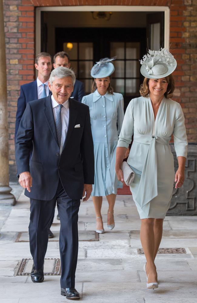 Michael and Carole Middleton, parents of Kate, Duchess of Cambridge, arrive for the christening of their grandchild. Picture: AFP