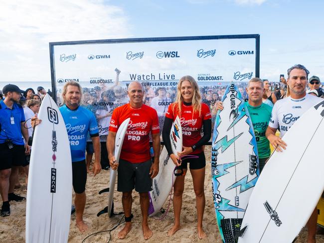 GOLD COAST, QUEENSLAND, AUSTRALIA - APRIL 27: Mark Occhilupo of Australia, Eleven-time WSL Champion Kelly Slater of the United States, Eight-time WSL Champion Stephanie Gilmore of Australia, Three-time WSL Champion Mick Fanning of Australia and Joel Parkinson of Australia prior to surfing in the Snapper World Champs Heat at the Bonsoy Gold Coast Pro on April 27, 2024 at Gold Coast, Queensland, Australia. (Photo by Cait Miers/World Surf League)