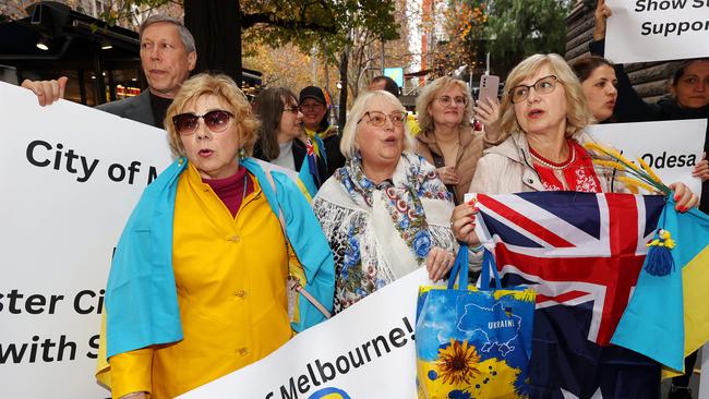 Protesters called for the council to cancel its Russian sister city relationship. Picture: Mark Stewart