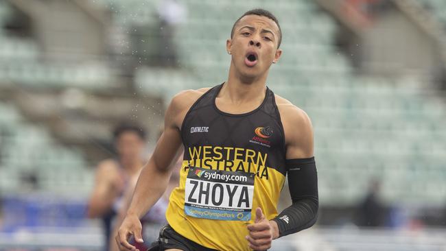 Sasha Zhoya of Western Australia wins the U/18's 110 m men's final  during the Australian Track and Field Championships at Sydney Olympic Park in Sydney, Friday, April 5, 2019. (AAP Image/Steve Christo) NO ARCHIVING, EDITORIAL USE ONLY