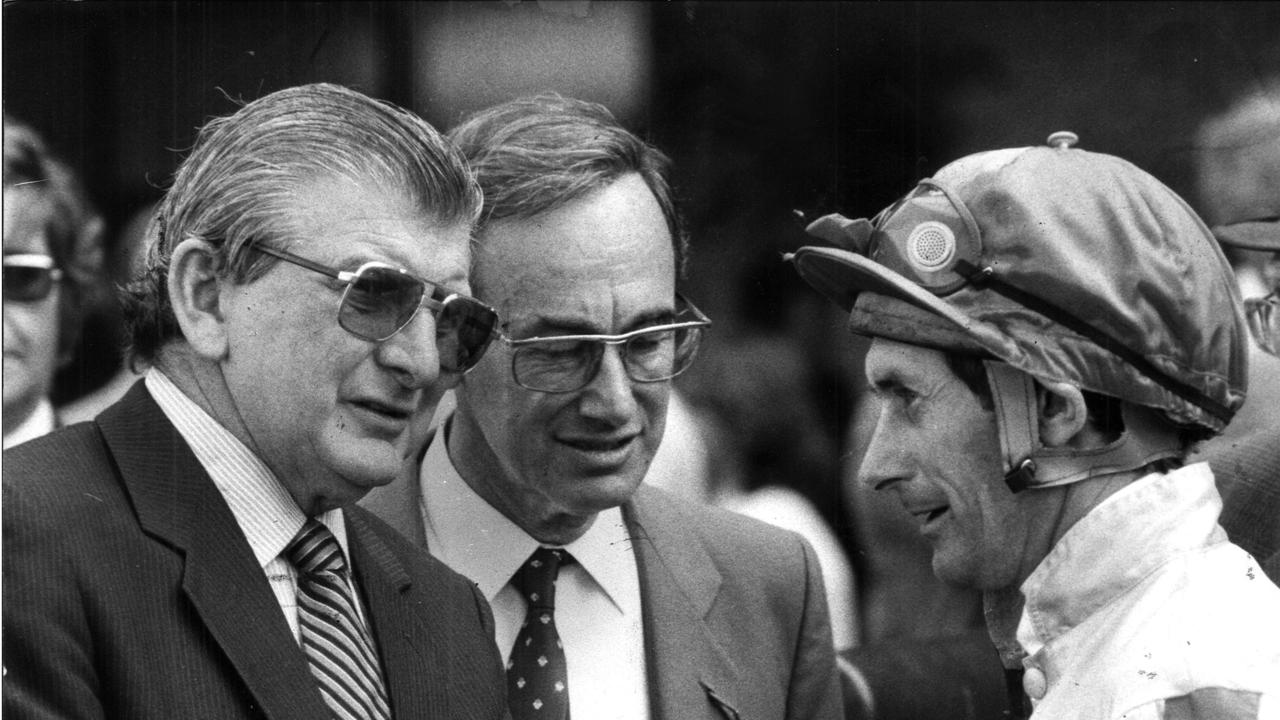 1982. Rose of Kingston trainer Bob Hoystead with owner David Hains and jockey Gary Willetts. Racing.