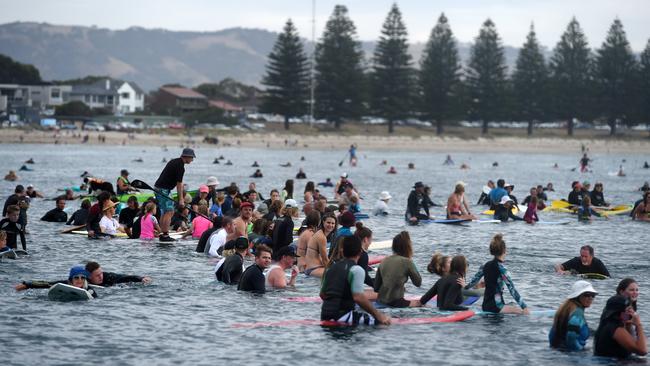 Hundreds of people protest the proposed Oceanic Victor project near Granite Island. Picture: Tom Huntley