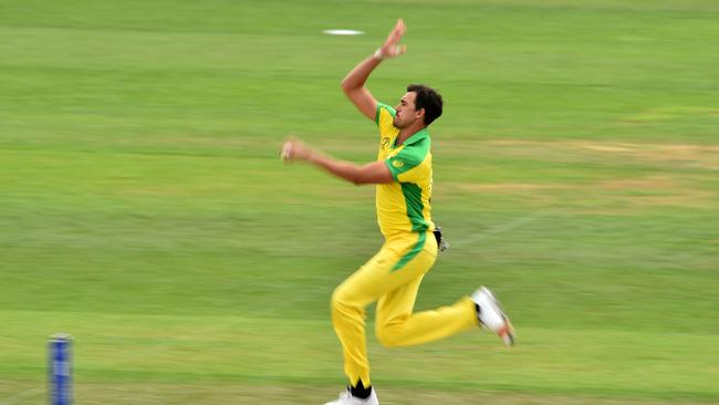 Australia's Mitchell Starc bends the back. Picture: AFP