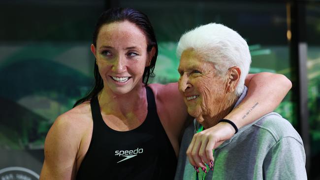 Lani Pallister of Queensland celebrates with Dawn Fraser. (Photo by Quinn Rooney/Getty Images)