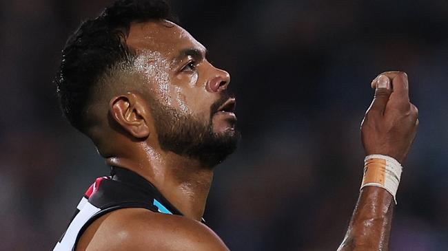 ADELAIDE, AUSTRALIA - JULY 08: Junior Rioli of the Power celebrates a goal during the 2023 AFL Round 17 match between the Port Adelaide Power and the Gold Coast Suns at Adelaide Oval on July 8, 2023 in Adelaide, Australia. (Photo by James Elsby/AFL Photos via Getty Images)