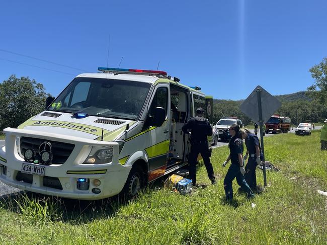 Emergency crews are on the scene of a motorcycle crash north of Mackay along the Bruce Highway at the overtaking lane near the Leap Hotel. Tuesday, December 6, 2022. Picture: Zoe Devenport.