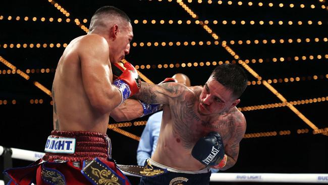 George Kambosos lands a right hand bomb on Teofimo Lopez. Picture: Al Bello/Getty/AFP