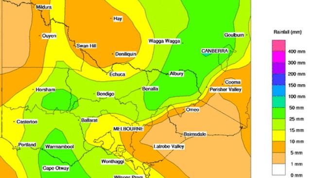 A computer-generated rain forecast for Victoria today. Picture: Courtesy Bureau of Meteorology