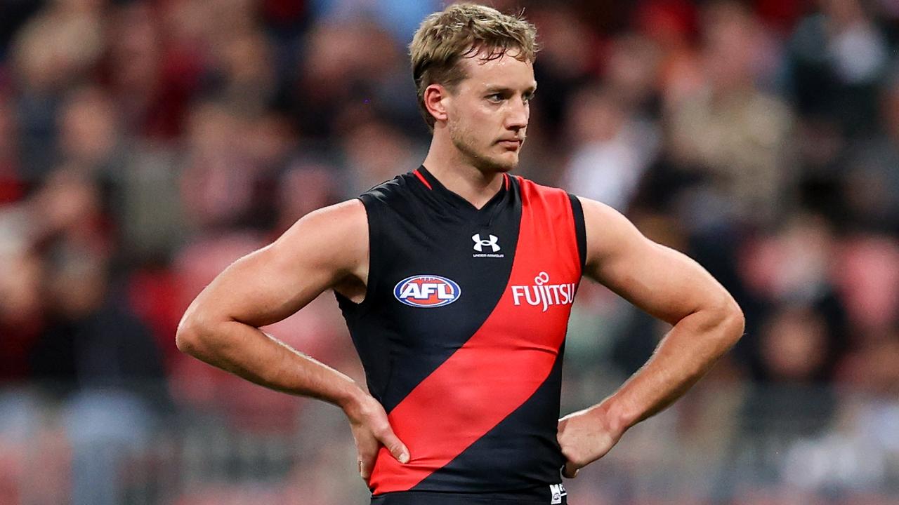 SYDNEY, AUSTRALIA - AUGUST 19: Darcy Parish of the Bombers reactsduring the round 23 AFL match between Greater Western Sydney Giants and Essendon Bombers at GIANTS Stadium, on August 19, 2023, in Sydney, Australia. (Photo by Brendon Thorne/AFL Photos/via Getty Images)