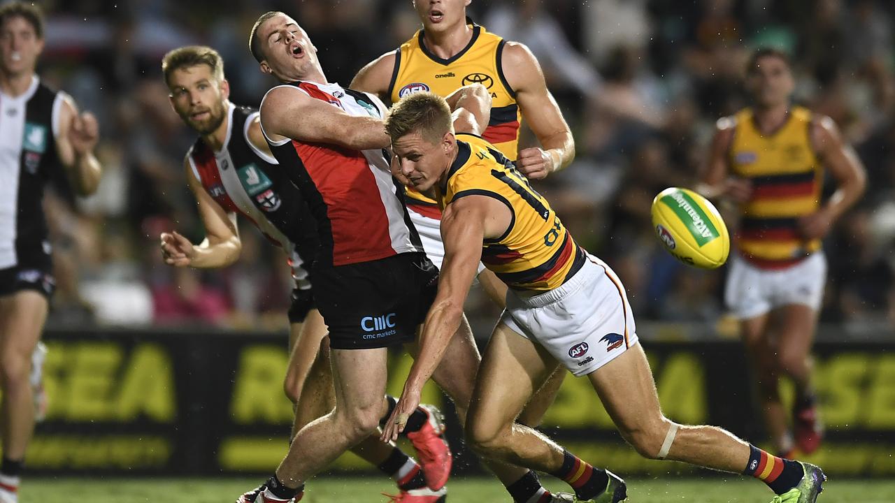 CAIRNS, AUSTRALIA - JUNE 12: David Mackay of the Crows competes for the ball during the round 13 AFL match between the St Kilda Saints and the Adelaide Crows at Cazaly's Stadium on June 12, 2021 in Cairns, Australia. (Photo by Albert Perez/AFL Photos/via Getty Images)