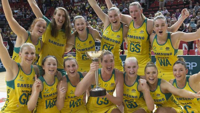 The Australian Diamonds celebrate after winning the Constellation Cup.