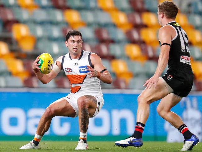 BRISBANE, AUSTRALIA - SEPTEMBER 18: Tim Taranto of the Giants in action during the 2020 AFL Round 18 match between the St Kilda Saints and the GWS Giants at The Gabba on September 18, 2020 in Brisbane, Australia. (Photo by Michael Willson/AFL Photos via Getty Images)