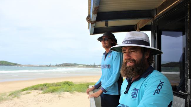 Coffs Harbour Lifeguards Daley Bear and Trent Munro at the Park Beach lifeguard tower. Photo: Tim Jarrett