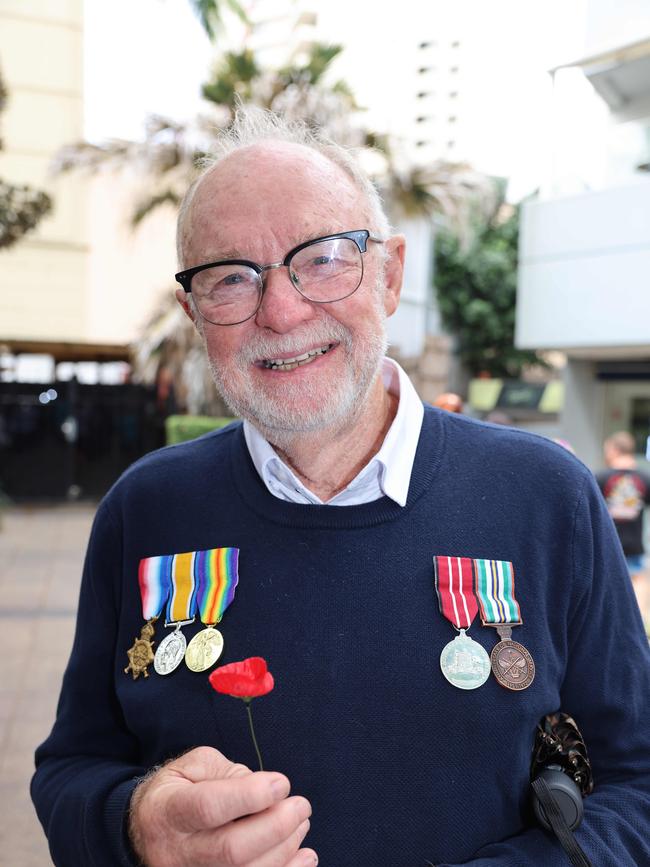 Geoff Griffiths at the Surfers Paradise RSL Anzac Day noon service 2025 at Cavill Park for Gold Coast at Large. Picture, Portia Large.