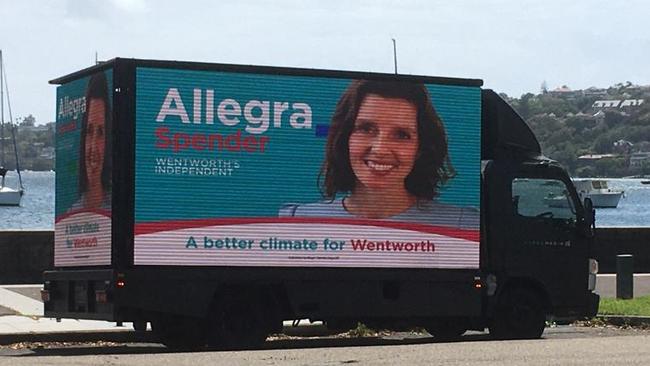 A truck billboard for independent candidate Allegra Spender.