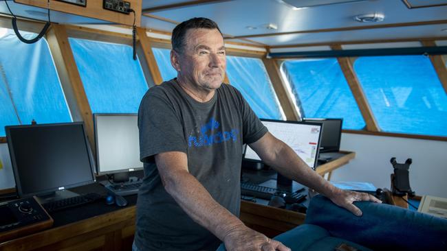 Skipper Paul Watson in the bridge of prawn trawler Millennium 3 docked at Lincoln Cove Marina. Picture: Mark Brake