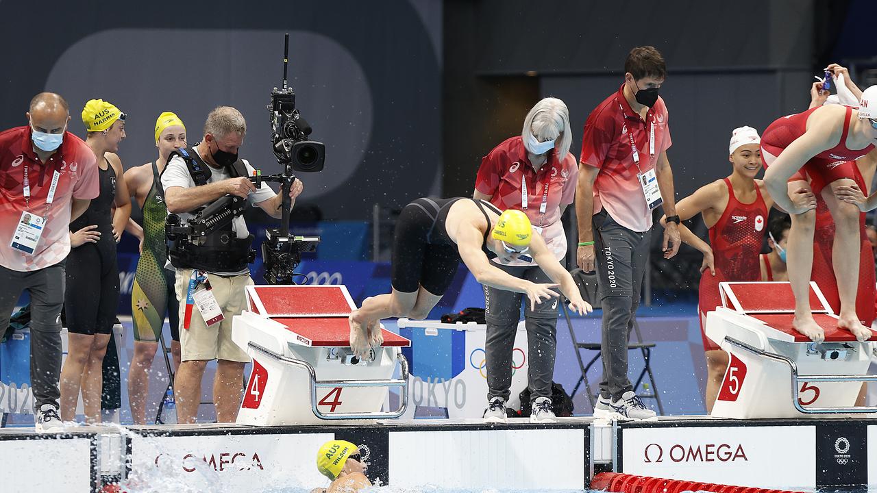 Tokyo 2020 Olympic Games Day 01. 24/07/21. Swimming Heats at the Tokyo Aquatic Centre in Tokyo Japan. AustraliaÃ&#149;s Mollie OÃ&#149;Callaghan, Meg Harris, Madison Wilson and Bronte Campbell in the heats of the WomenÃ&#149;s Freestyle Relay. Bronte dives in for the last leg. Picture: Alex Coppel.