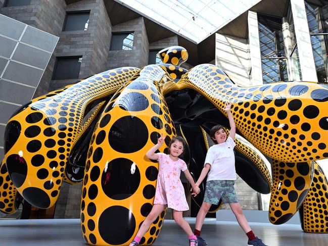 Yayoi Kusama is renowned for her pumpkin art – including the Dancing Pumpkin sculpture now at the NGV, standing at 5m-tall and weighing more than nine tonnes. Picture: Josie Hayden