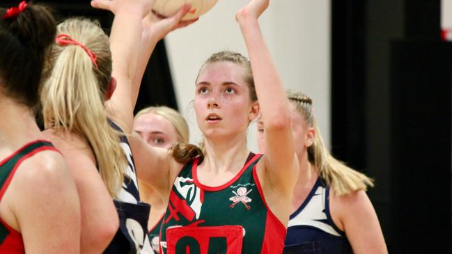 Highlanders GA Grace Bowman at the semi-final of Townsville's Premier League netball, 2023. Picture: Shaantel Hampson / TCNAI.