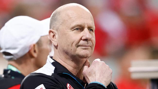 SYDNEY, AUSTRALIA - SEPTEMBER 20: Port Adelaide Media Manager Daniel Norton (left) and Ken Hinkley, Senior Coach of the Power are seen during the 2024 AFL First Preliminary Final match between the Sydney Swans and the Port Adelaide Power at The Sydney Cricket Ground on September 20, 2024 in Sydney, Australia. (Photo by Michael Willson/AFL Photos via Getty Images)