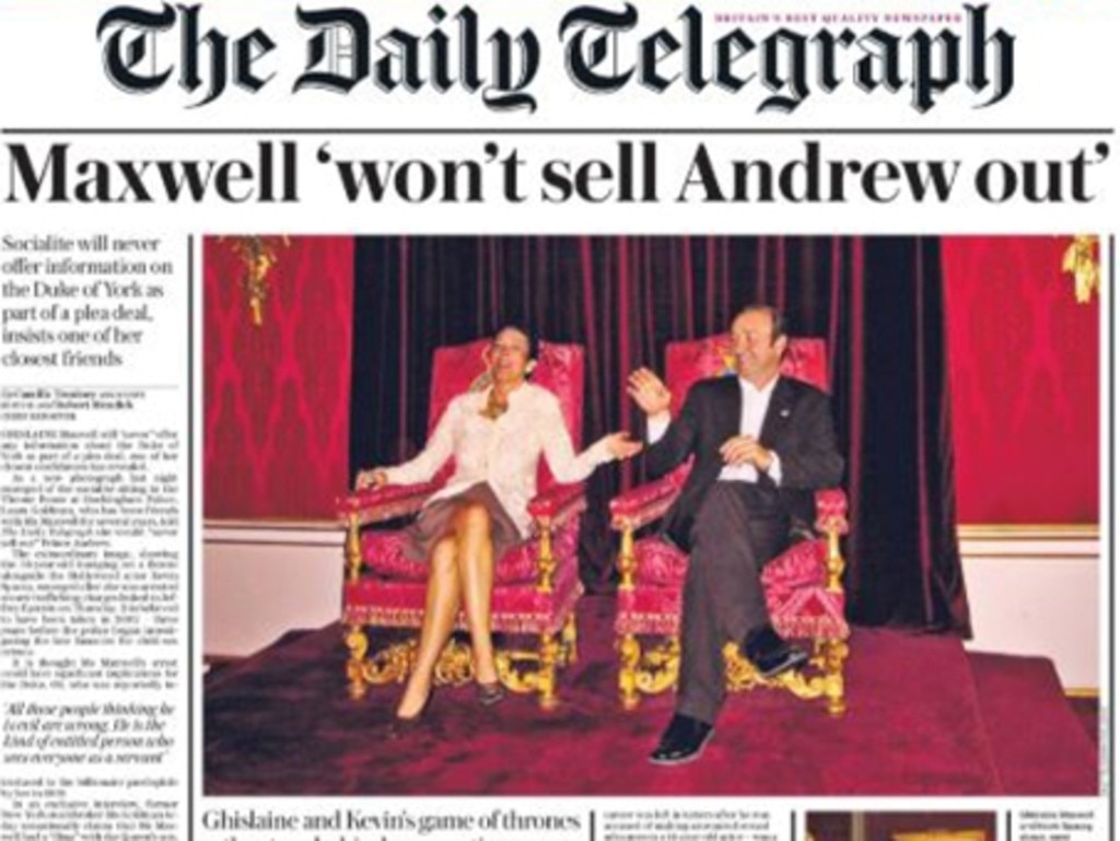 A picture of Ghislaine Maxwell and Kevin Spacey sitting on the coronation throne at Buckingham Palace in a blow to the royal family. Picture: The Daily Telegraph