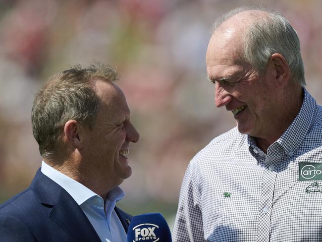 Kevin Walters interviews Wayne Bennett. Picture: Brett Hemmings/Getty Images