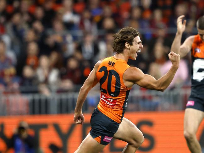 Giants James Peatling celebrates a goal during the semi final. Picture: Phil Hillyard