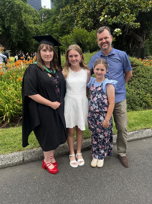 Nicole Walsh, Camille, Maeve and Chris Johnson at the University of Melbourne graduations held at the Royal Exhibition Building on Saturday, December 14, 2024. Picture: Jack Colantuono