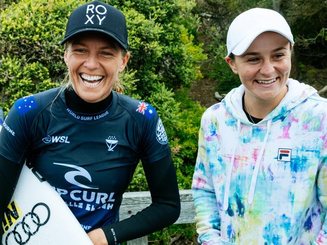 BELLS BEACH, VICTORIA, AUSTRALIA - APRIL 12: Ash Barty, Tennis World No.1 and 3x Grand Slam Champion and Seven-time WSL Champion Stephanie Gilmore of Australia, at the Rip Curl Pro Bells Beach on April 12, 2022 at Bells Beach, Victoria, Australia (Photo by Aaron Hughes/World Surf League)