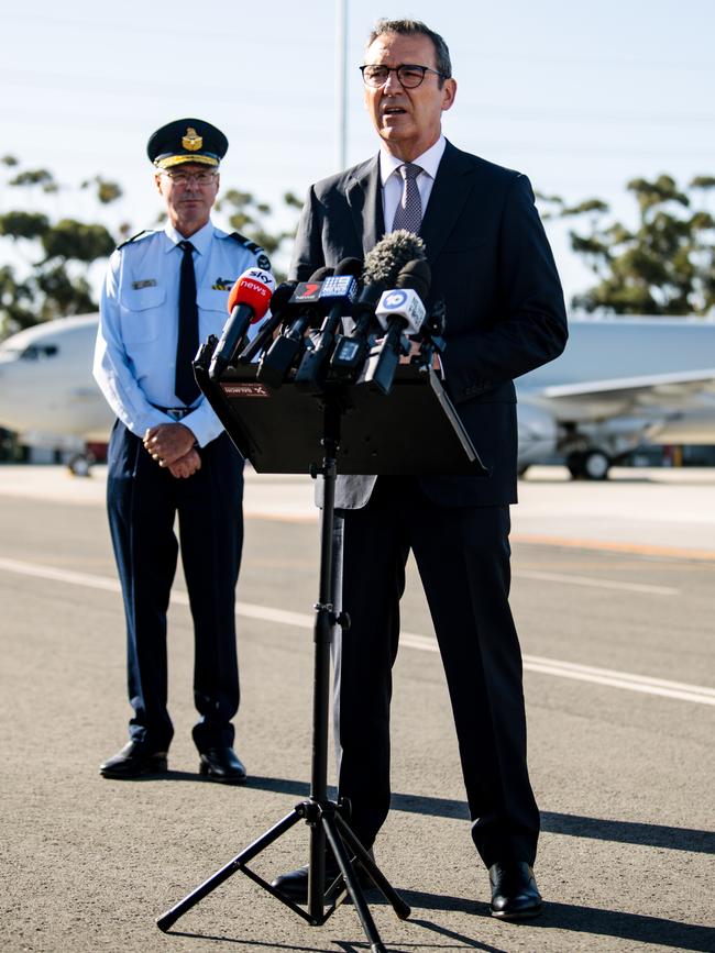 Commander Ken Millar and the Premier of South Australia Steven Marshall at a press conference at the RAAF base in Edinburgh. Picture: Morgan Sette