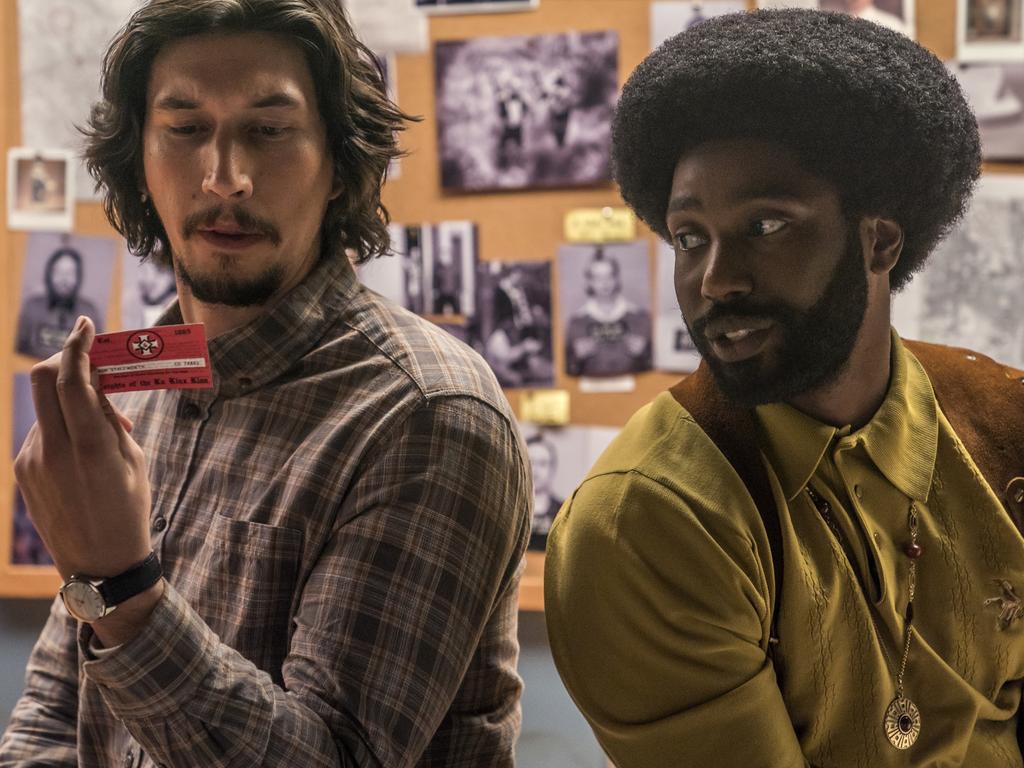 Scene from Spike Lee’s <i>BlacKkKlansman</i> starring Adam Driver and John David Washington.